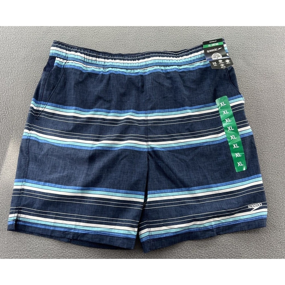 Speedo Techvolley Wim Trunks Mens XL Blue Striped Swim Trunks UPF 50+ NEW